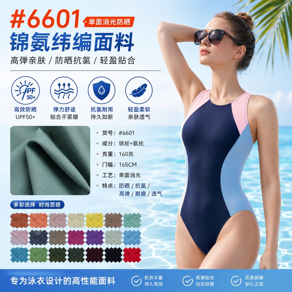 6601号锦氨纬编单面消光防晒面料应用参考图，165CM，160克，适合防晒泳衣和运动防晒面料展示