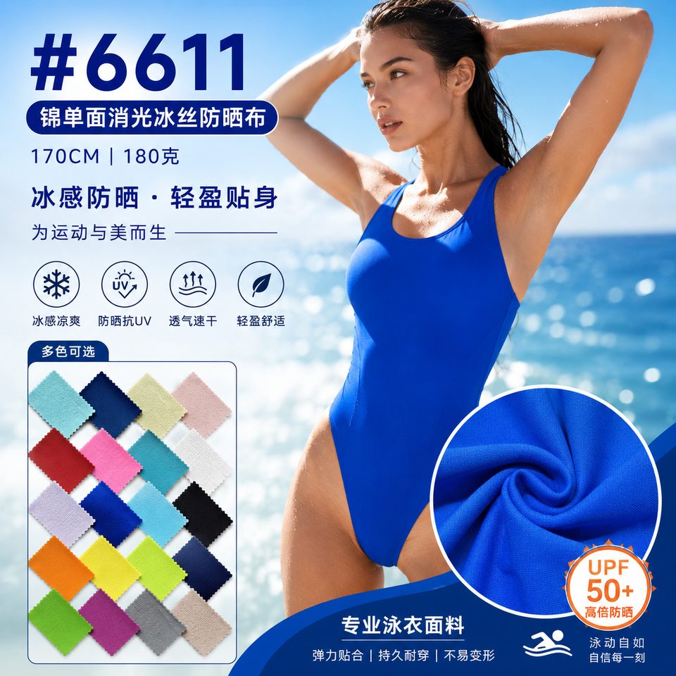 6611号36针锦单面消光冰丝防晒布应用参考图，170CM，180克，适合泳衣、防晒衣和运动美体面料展示