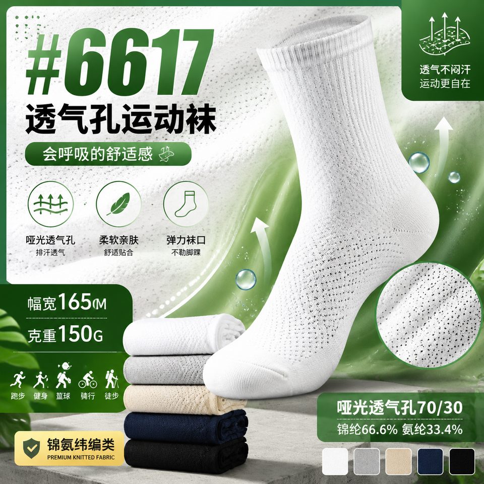 6617号N70/30哑光透气孔应用参考图，165CM，150克，适合运动袜、防晒衣和钓鱼服透气面料展示